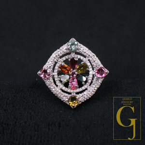Designer Multi Tourmaline Ring Made In 925 Sterling Silver Rosecut Pave Diamond Handmade Finish