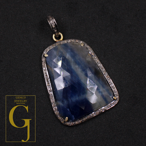 Natural Blue Sapphire Pendant With Pave Diamonds Made In 925 Sterling Silver Handmade Finish Diamond Jewelry Gift For Her