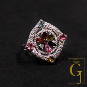 Designer Multi Tourmaline Ring Made In 925 Sterling Silver Rosecut Pave Diamond Handmade Finish