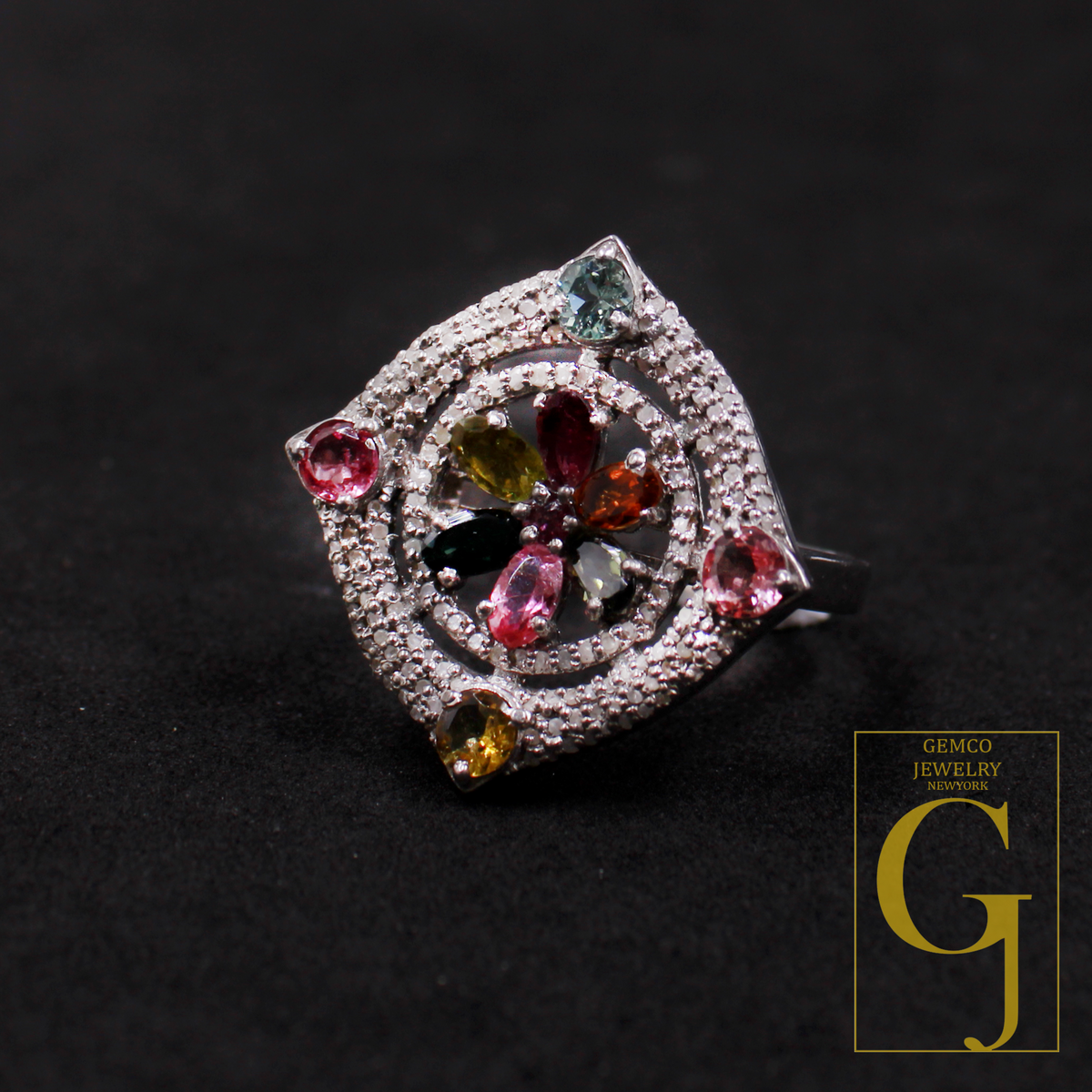 Designer Multi Tourmaline Ring Made In 925 Sterling Silver Rosecut Pave Diamond Handmade Finish