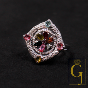 Designer Multi Tourmaline Ring Made In 925 Sterling Silver Rosecut Pave Diamond Handmade Finish