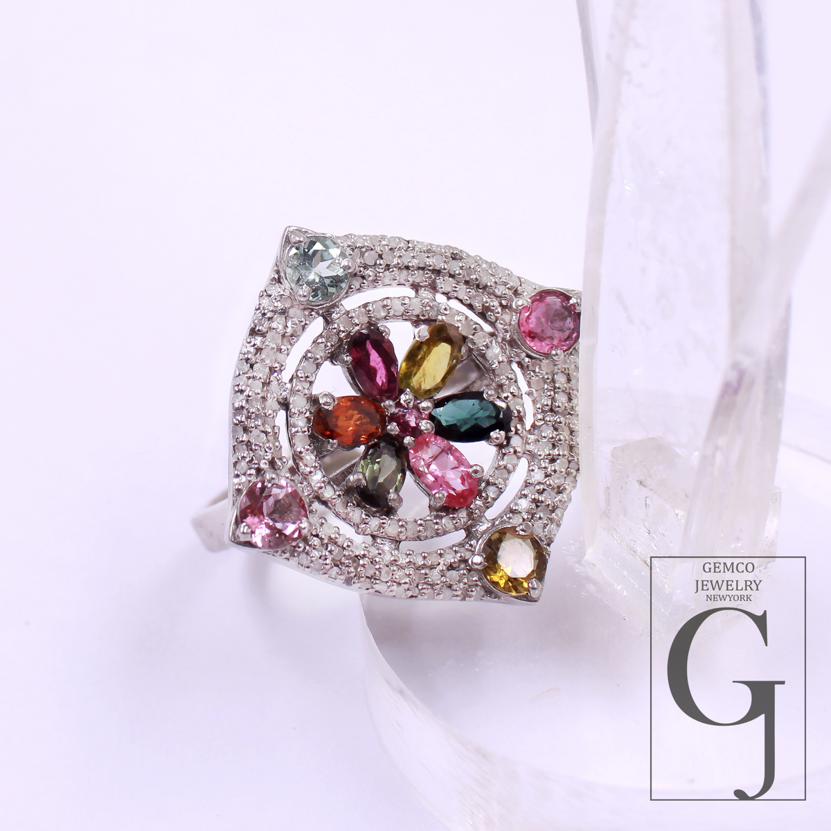 Designer Multi Tourmaline Ring Made In 925 Sterling Silver Rosecut Pave Diamond Handmade Finish
