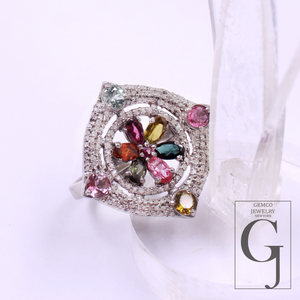 Designer Multi Tourmaline Ring Made In 925 Sterling Silver Rosecut Pave Diamond Handmade Finish