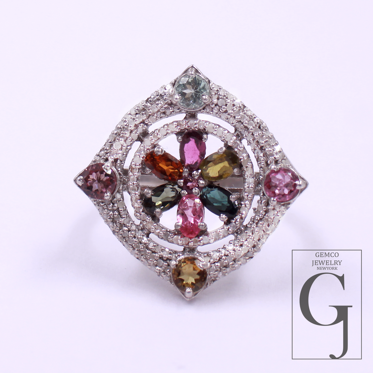 Designer Multi Tourmaline Ring Made In 925 Sterling Silver Rosecut Pave Diamond Handmade Finish