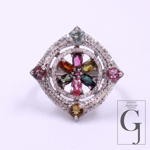 Designer Multi Tourmaline Ring Made In 925 Sterling Silver Rosecut Pave Diamond Handmade Finish