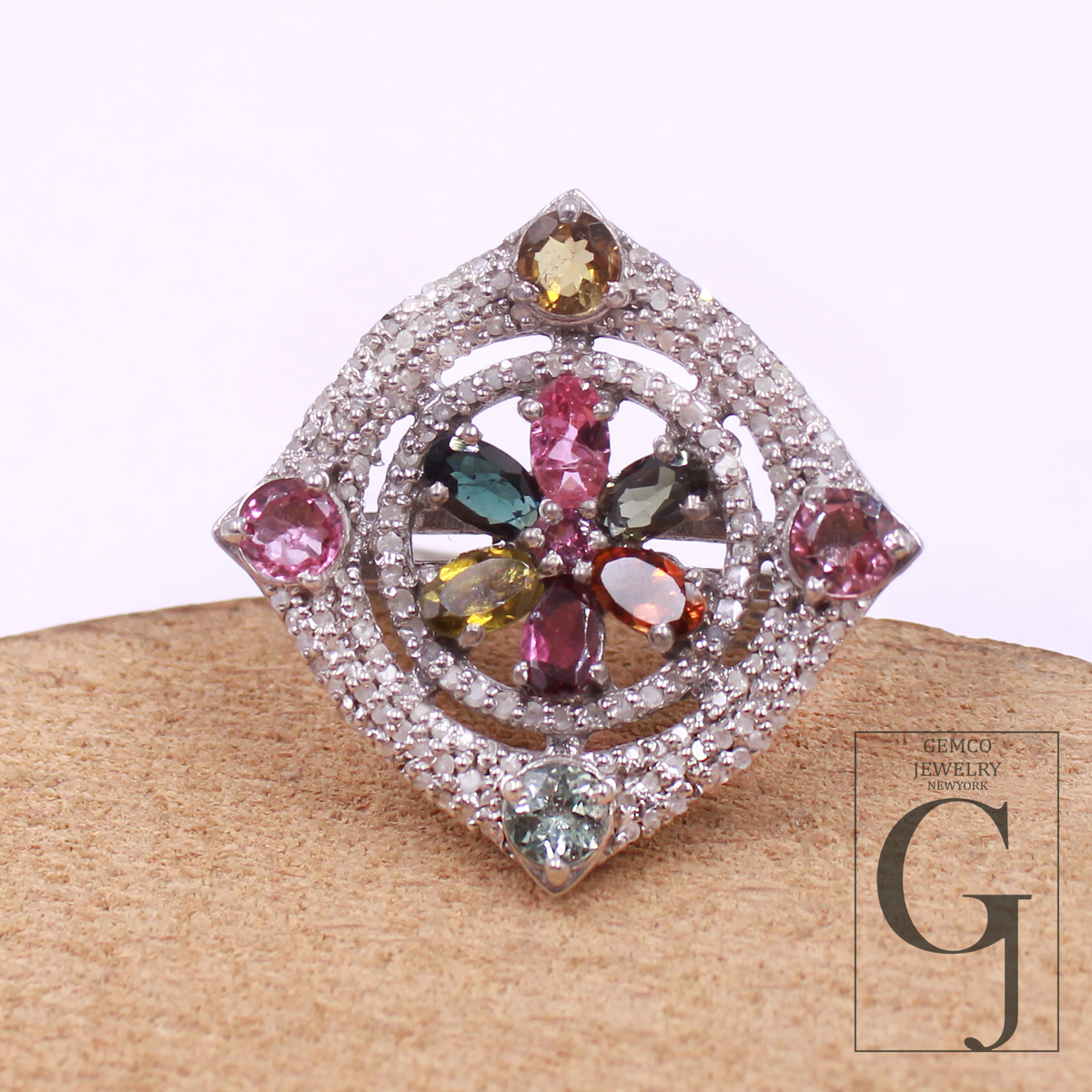 Designer Multi Tourmaline Ring Made In 925 Sterling Silver Rosecut Pave Diamond Handmade Finish