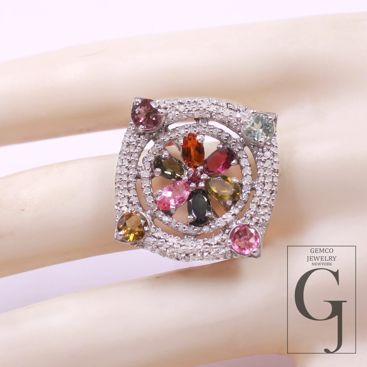 Designer Multi Tourmaline Ring Made In 925 Sterling Silver Rosecut Pave Diamond Handmade Finish