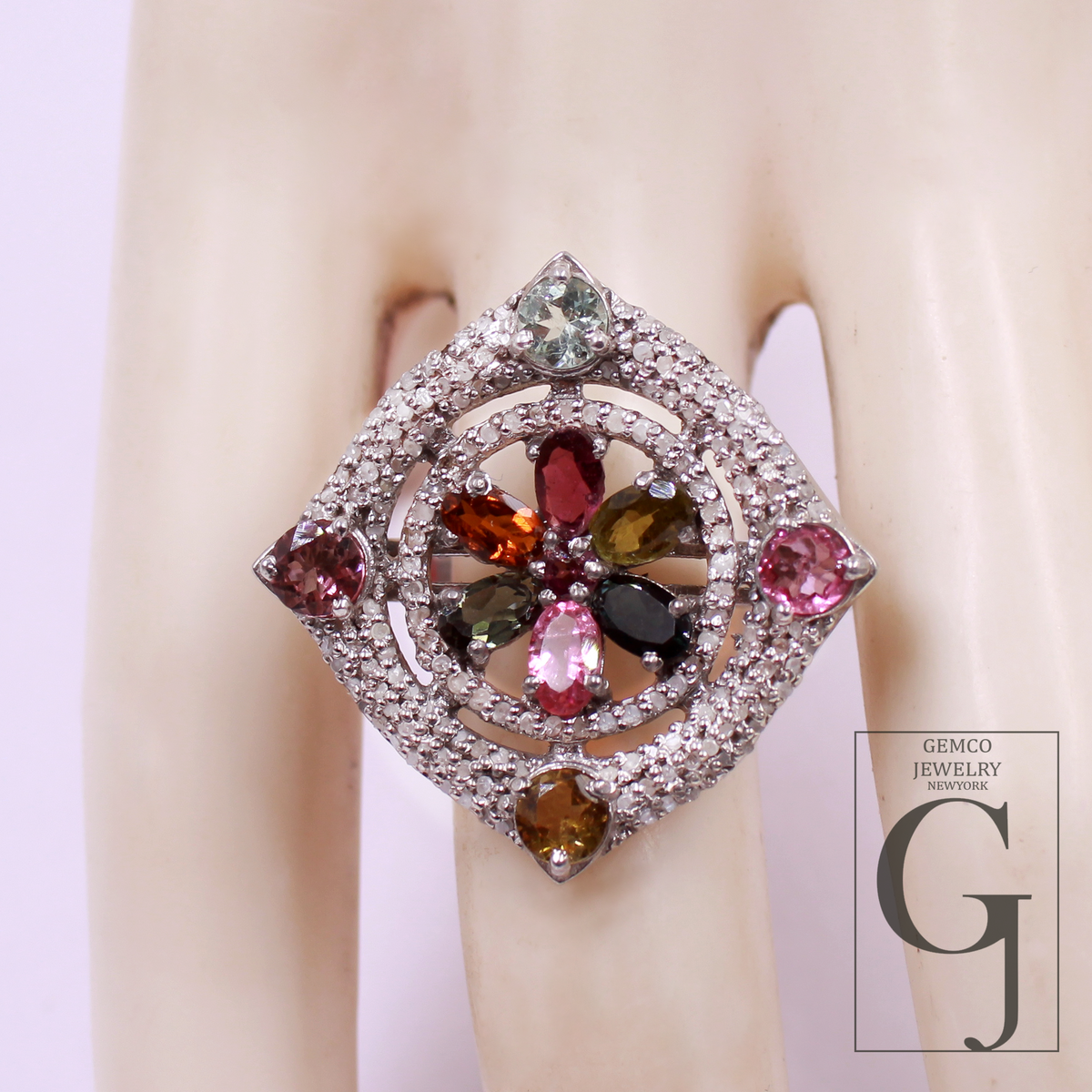 Designer Multi Tourmaline Ring Made In 925 Sterling Silver Rosecut Pave Diamond Handmade Finish