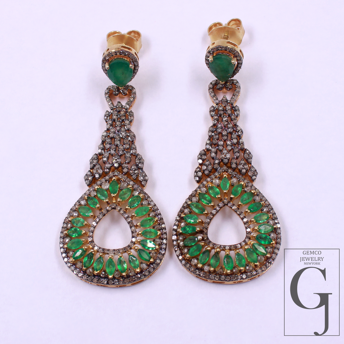 Natural Emerald Earrings With Rosecut Pave Diamond Made In 925 Sterling Silver Handmade Finish Designer Emerald Jewelry Gift For Her