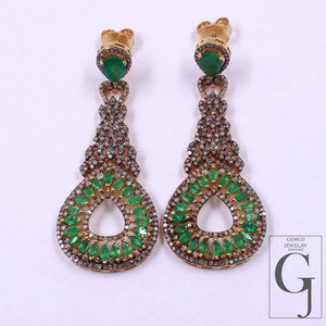 Natural Emerald Earrings With Rosecut Pave Diamond Made In 925 Sterling Silver Handmade Finish Designer Emerald Jewelry Gift For Her