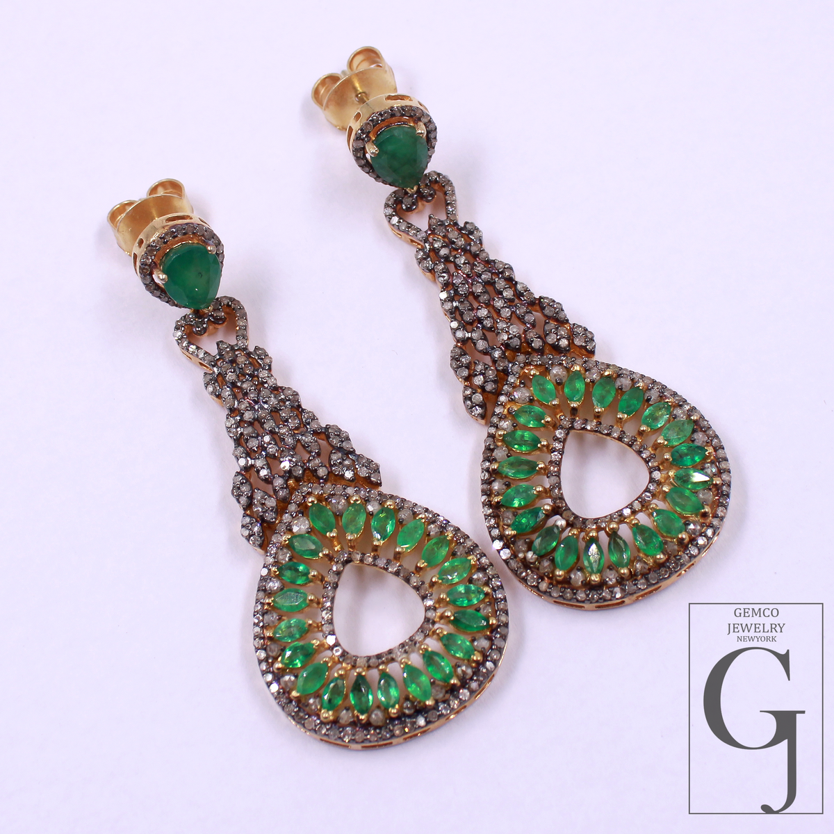 Natural Emerald Earrings With Rosecut Pave Diamond Made In 925 Sterling Silver Handmade Finish Designer Emerald Jewelry Gift For Her