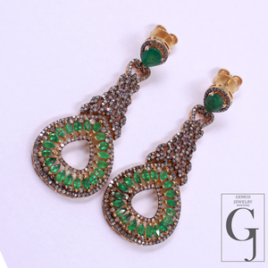 Natural Emerald Earrings With Rosecut Pave Diamond Made In 925 Sterling Silver Handmade Finish Designer Emerald Jewelry Gift For Her