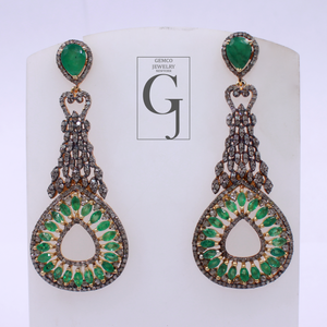 Natural Emerald Earrings With Rosecut Pave Diamond Made In 925 Sterling Silver Handmade Finish Designer Emerald Jewelry Gift For Her