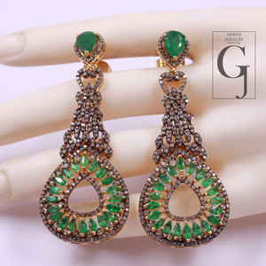 Natural Emerald Earrings With Rosecut Pave Diamond Made In 925 Sterling Silver Handmade Finish Designer Emerald Jewelry Gift For Her
