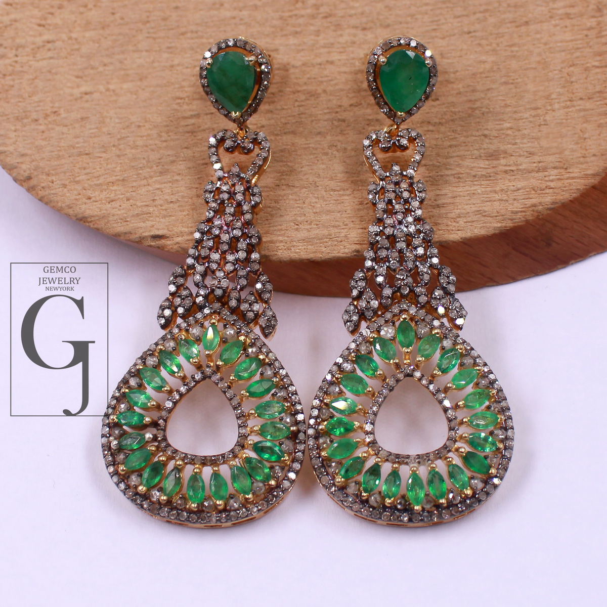 Natural Emerald Earrings With Rosecut Pave Diamond Made In 925 Sterling Silver Handmade Finish Designer Emerald Jewelry Gift For Her