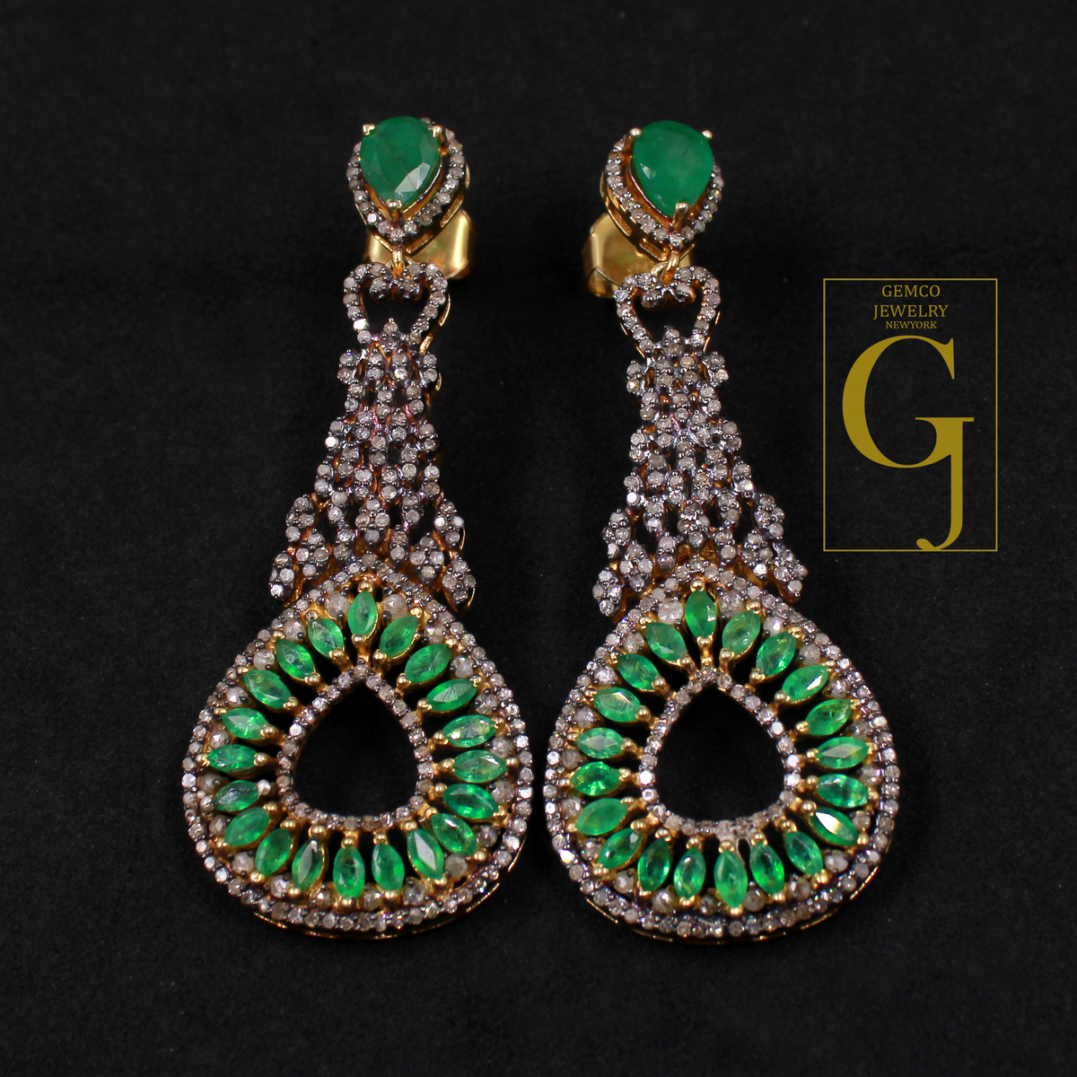 Natural Emerald Earrings With Rosecut Pave Diamond Made In 925 Sterling Silver Handmade Finish Designer Emerald Jewelry Gift For Her