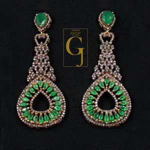 Natural Emerald Earrings With Rosecut Pave Diamond Made In 925 Sterling Silver Handmade Finish Designer Emerald Jewelry Gift For Her