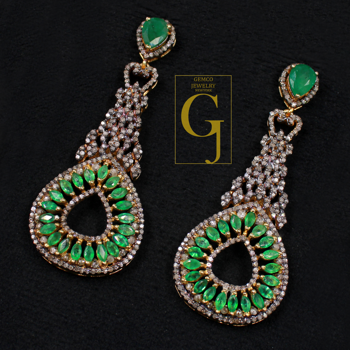 Natural Emerald Earrings With Rosecut Pave Diamond Made In 925 Sterling Silver Handmade Finish Designer Emerald Jewelry Gift For Her