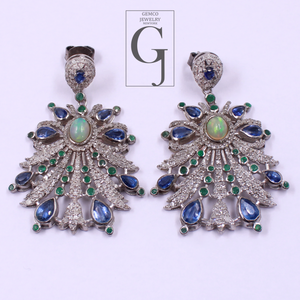 Designer Multi Stone Earrings With Rosecut Pave Diamond Made In 925 Sterling Silver Handmade Finish Diamond Jewelry