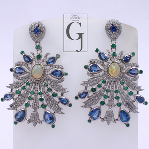 Designer Multi Stone Earrings With Rosecut Pave Diamond Made In 925 Sterling Silver Handmade Finish Diamond Jewelry