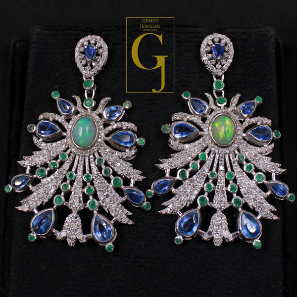 Designer Multi Stone Earrings With Rosecut Pave Diamond Made In 925 St ...