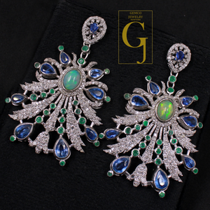 Designer Multi Stone Earrings With Rosecut Pave Diamond Made In 925 Sterling Silver Handmade Finish Diamond Jewelry
