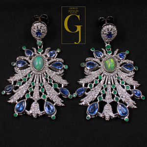 Designer Multi Stone Earrings With Rosecut Pave Diamond Made In 925 Sterling Silver Handmade Finish Diamond Jewelry