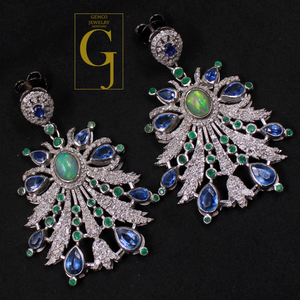 Designer Multi Stone Earrings With Rosecut Pave Diamond Made In 925 Sterling Silver Handmade Finish Diamond Jewelry
