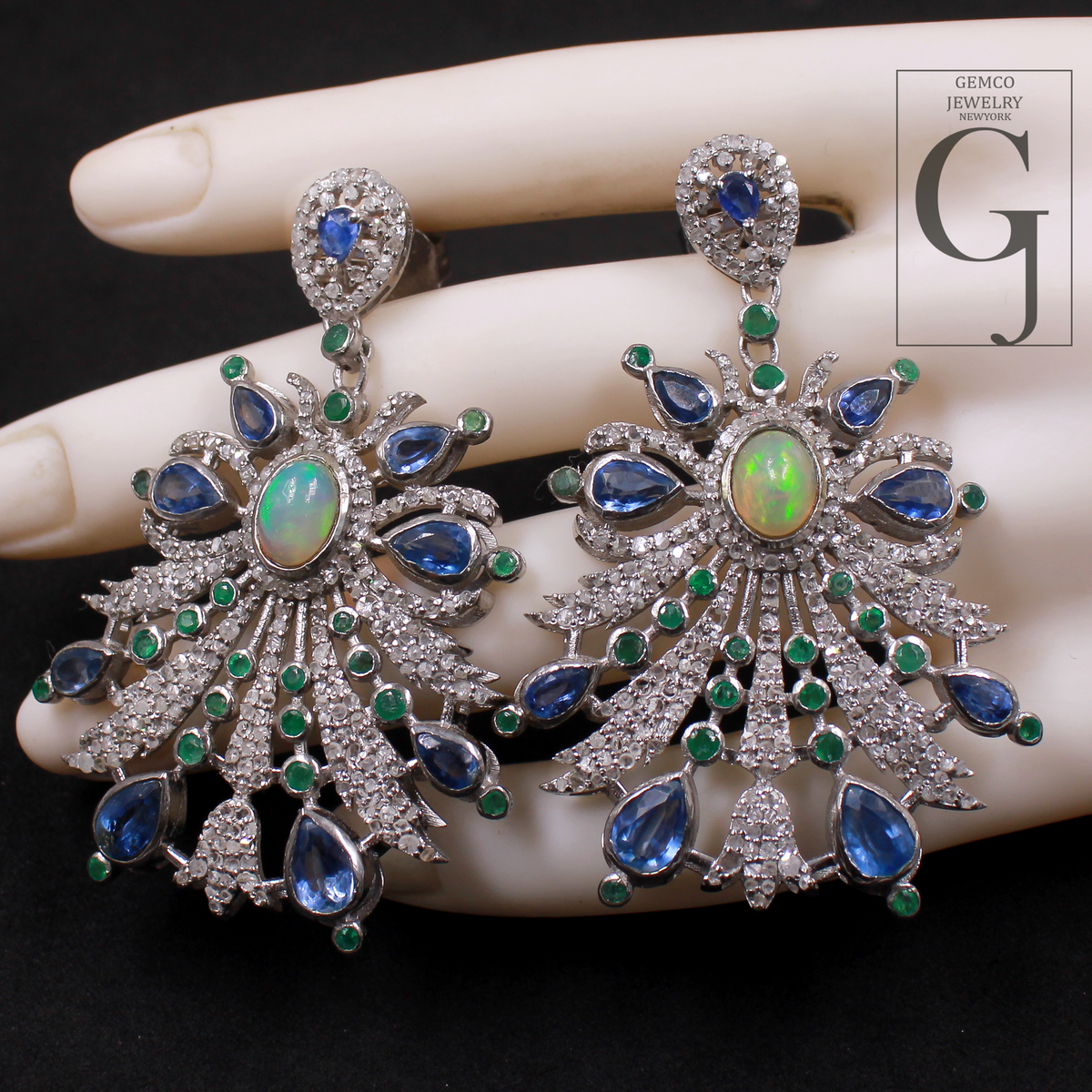 Designer Multi Stone Earrings With Rosecut Pave Diamond Made In 925 Sterling Silver Handmade Finish Diamond Jewelry