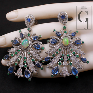 Designer Multi Stone Earrings With Rosecut Pave Diamond Made In 925 Sterling Silver Handmade Finish Diamond Jewelry
