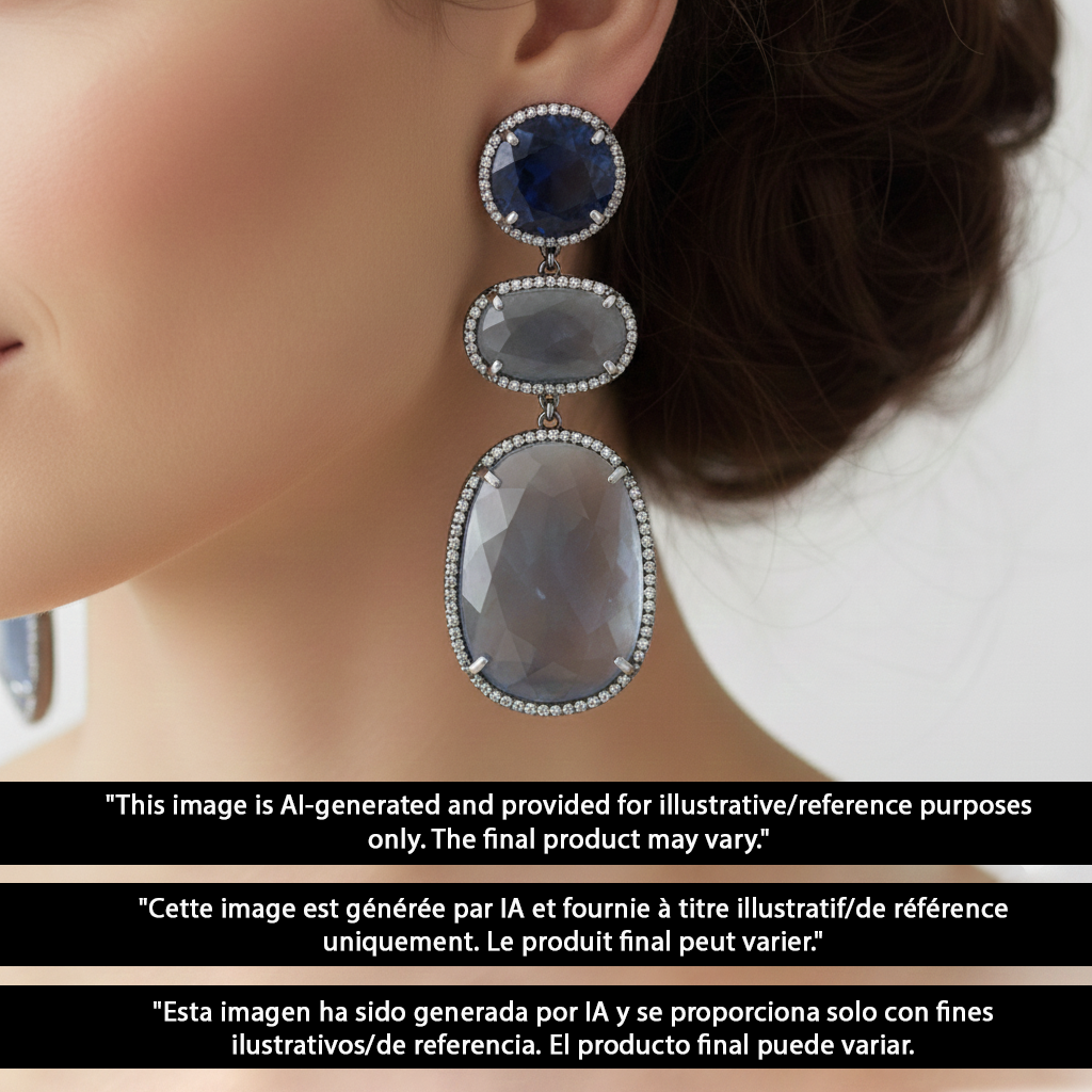 Natural Blue Sapphire Gemstone Earrings With Pave Diamonds In 925 Sterling Silver Handmade Finish