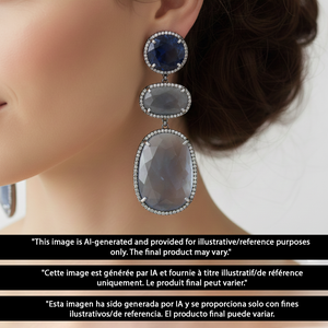 Natural Blue Sapphire Gemstone Earrings With Pave Diamonds In 925 Sterling Silver Handmade Finish
