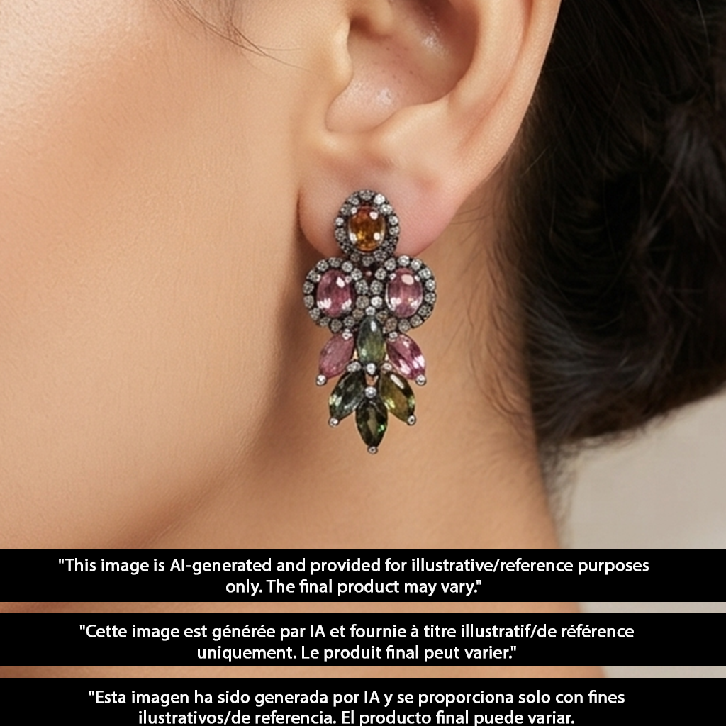 Designer Multi Tourmaline Earrings With Pave Diamond In Sterling Silver Handmade Finish Diamond Jewelry Gift For Her