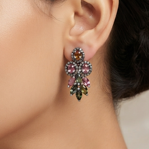 Designer Multi Tourmaline Earrings With Pave Diamond In Sterling Silver Handmade Finish Diamond Jewelry Gift For Her
