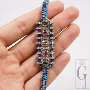 Blue Macrame Bracelet – Multi Tourmaline With Pave Diamonds In 925 Sterling Silver