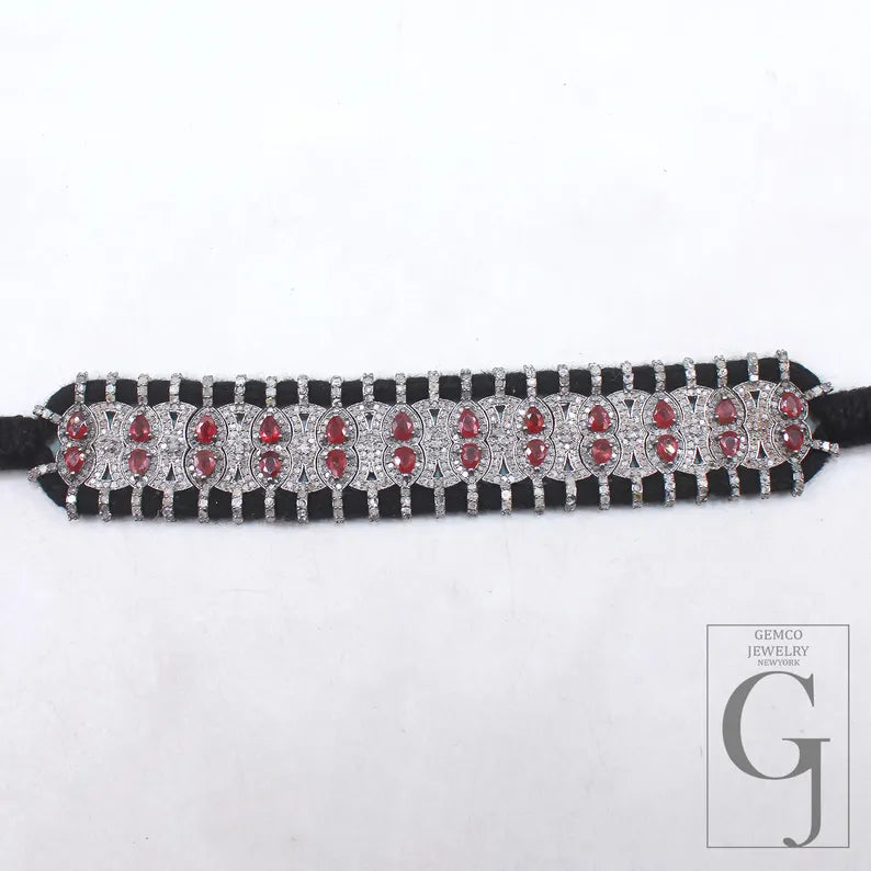 Adjustable 925 Sterling Silver Bracelet with Red Ruby and Pave Diamonds