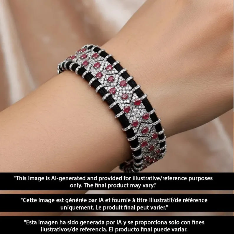 Close-up of a bracelet with black, white, and red gemstones on a wrist.