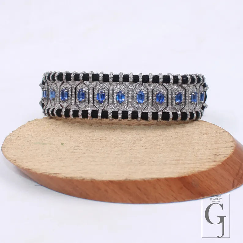 Natural Blue Kyanite Diamond Bangle Bracelet Sterling Silver Macrame