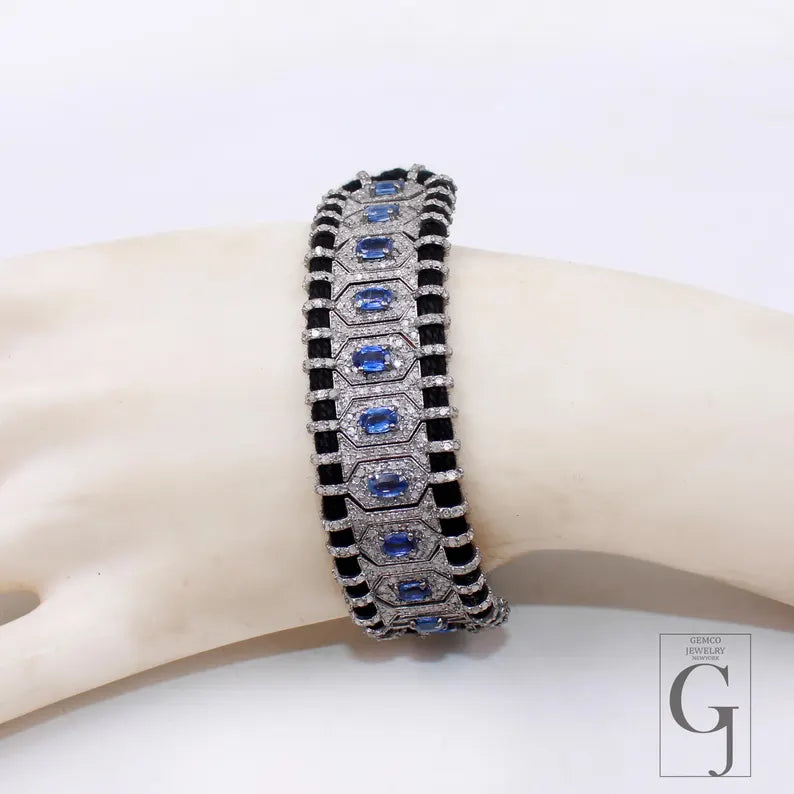 Natural Blue Kyanite Diamond Bangle Bracelet Sterling Silver Macrame