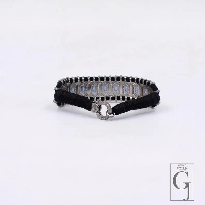 Natural Blue Kyanite Diamond Bangle Bracelet Sterling Silver Macrame