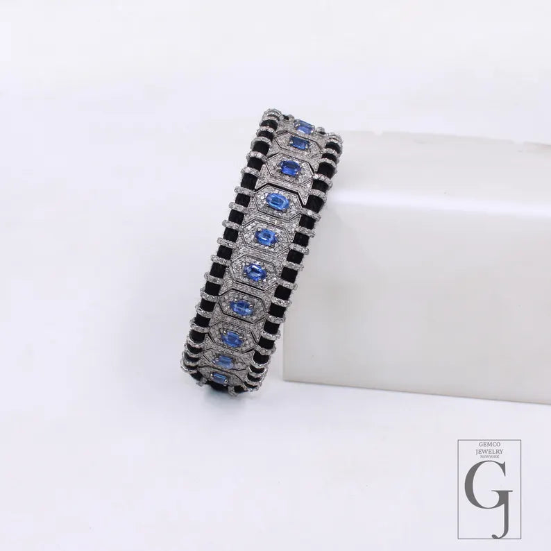 Natural Blue Kyanite Diamond Bangle Bracelet Sterling Silver Macrame