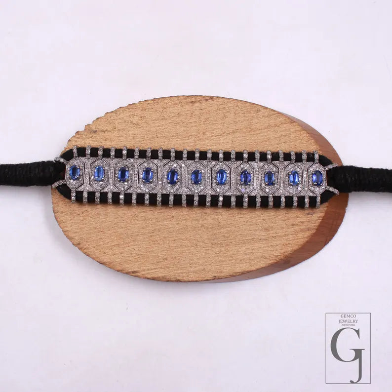 Natural Blue Kyanite Diamond Bangle Bracelet Sterling Silver Macrame