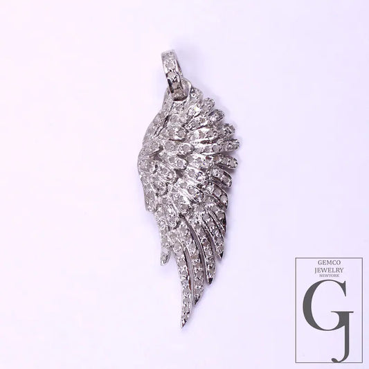 Designer Rosecut Pave Diamond Feather Pendant - 925 Sterling Silver Handmade Finish Diamond Jewelry Gift For Her