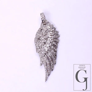 Designer Rosecut Pave Diamond Feather Pendant - 925 Sterling Silver Handmade Finish Diamond Jewelry Gift For Her