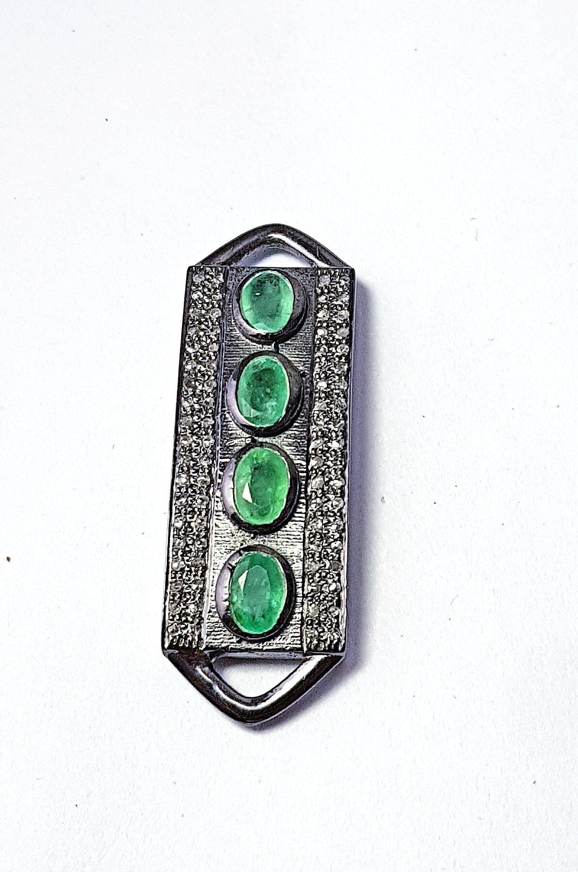 Pave Diamond Rosecut Connector 925 Sterling Silver Connector Handmade Diamond Bracelet Connector With Natural Emerald Green Stone Connector