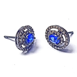 Pave Rosecut Diamond 925 Sterling Silver Handmade Pave Diamond Beautiful Oval Shaped Blue Color Kyanite Stone In Center Diamond Stud Earring