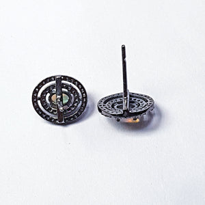 Pave Rosecut Diamond 925 Sterling Silver Handmade Oval Shape Ring Design Opal Stone Stated In Center Diamond Stud Earring