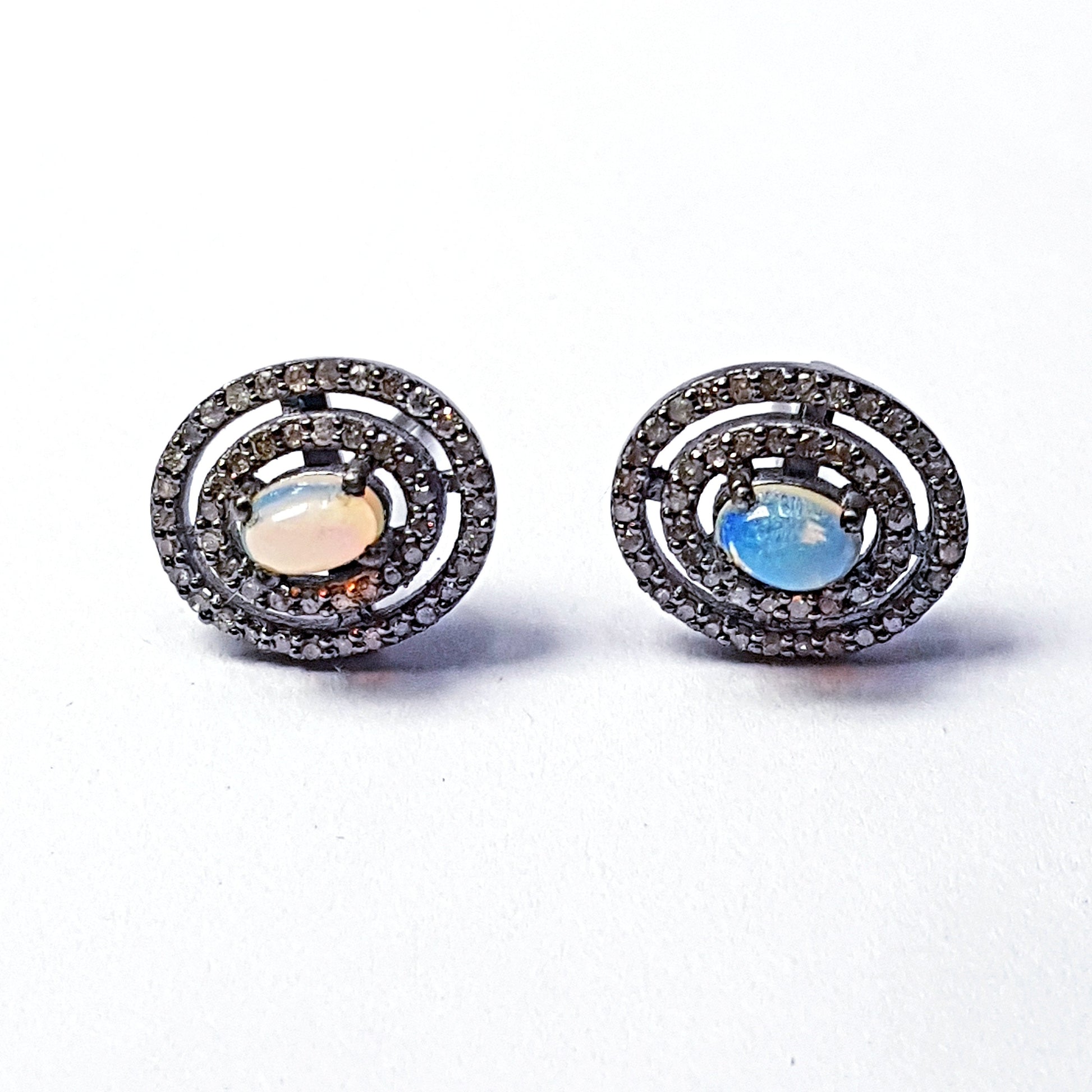 Pave Rosecut Diamond 925 Sterling Silver Handmade Oval Shape Ring Design Opal Stone Stated In Center Diamond Stud Earring