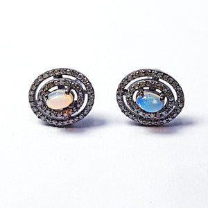 Pave Rosecut Diamond 925 Sterling Silver Handmade Oval Shape Ring Design Opal Stone Stated In Center Diamond Stud Earring