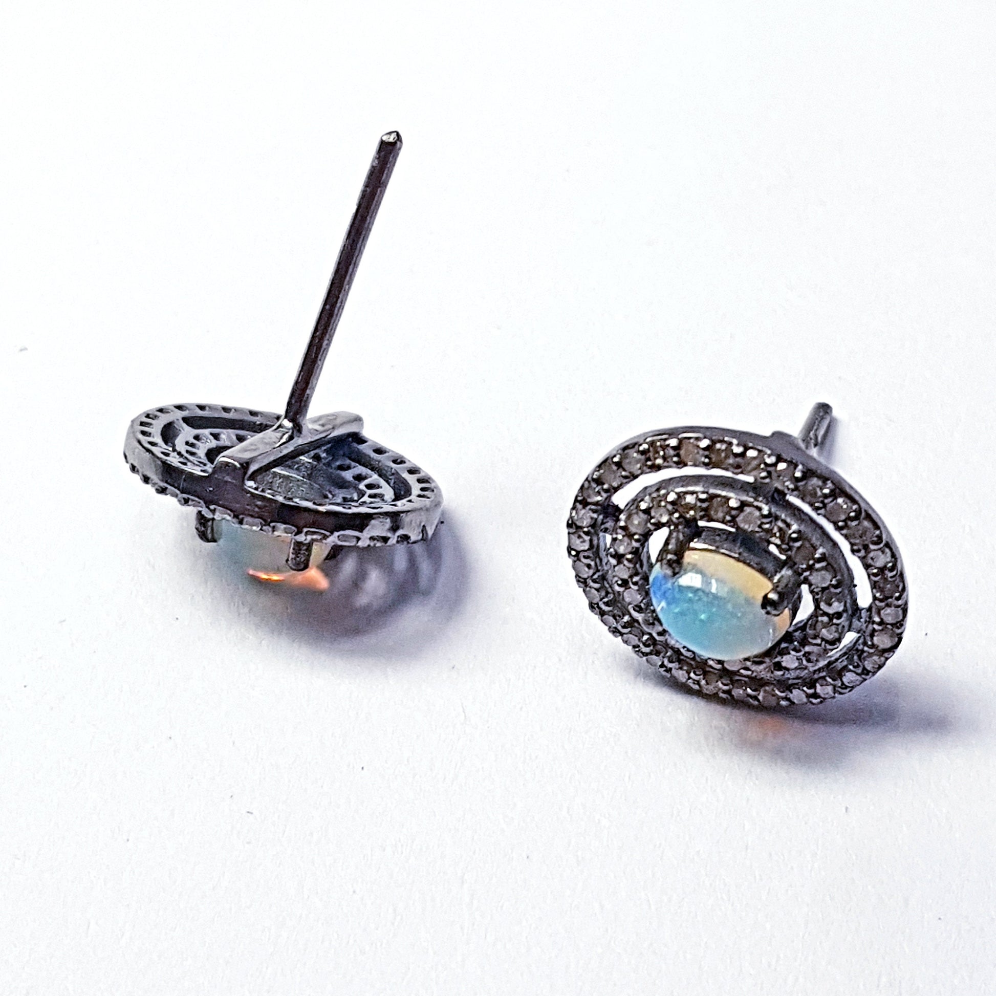 Pave Rosecut Diamond 925 Sterling Silver Handmade Oval Shape Ring Design Opal Stone Stated In Center Diamond Stud Earring